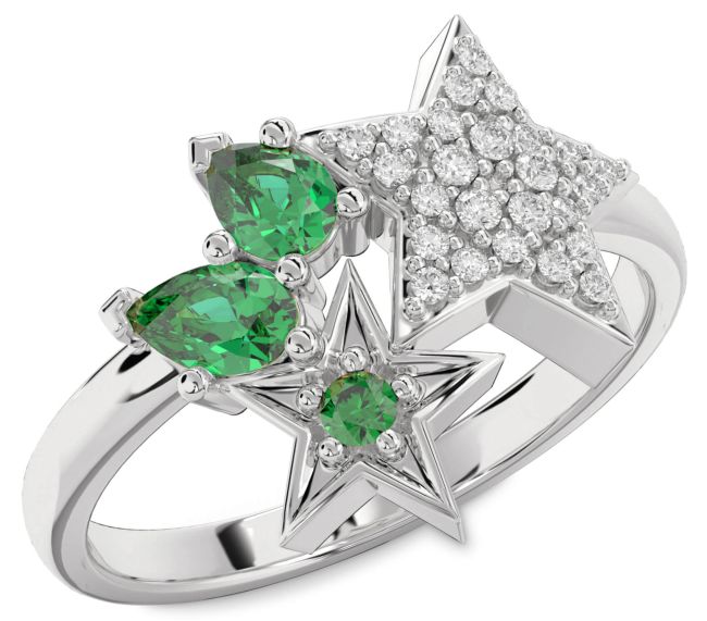 Diamond Emerald White Gold Star Ring