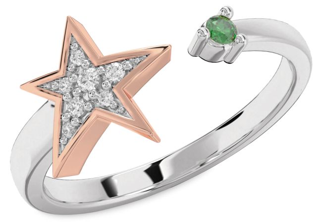Diamond Emerald Silver & 10K Rose Gold Star Ring