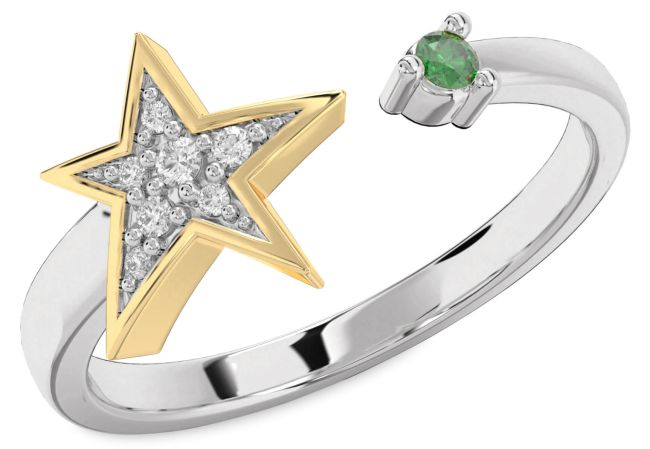 Diamond Emerald Platinum & Yellow Gold Star Ring