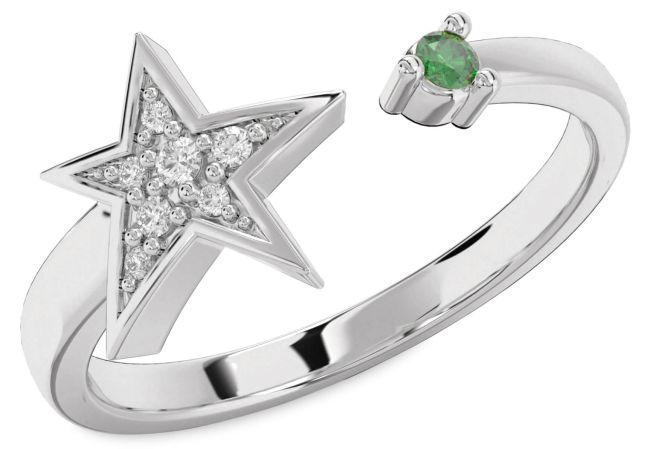Diamond Emerald Silver Star Ring