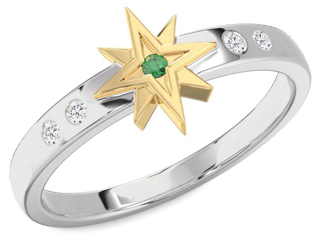 Diamond Emerald Platinum & Yellow Gold Star Ring