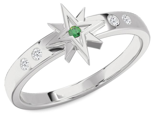Diamond Emerald Silver Star Ring