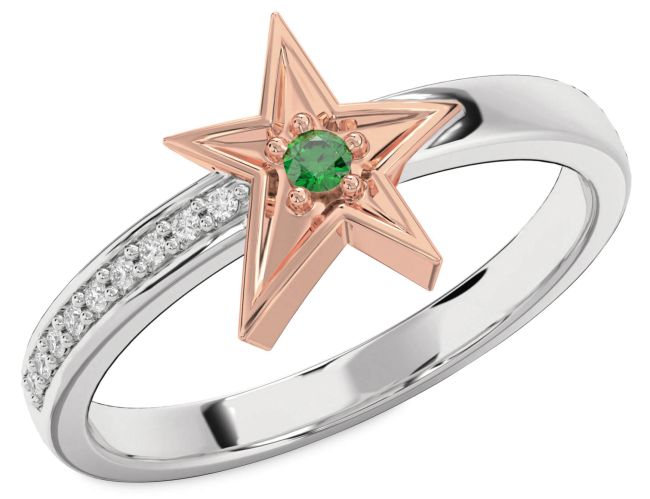 Diamond Emerald Platinum & Rose Gold Star Ring