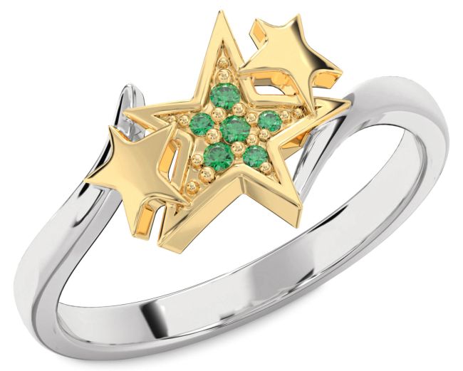 Emerald Gold Silver Star Ring