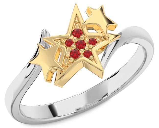 Ruby White Yellow Gold Star Ring