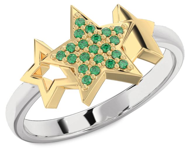 Emerald Gold Silver Star Ring