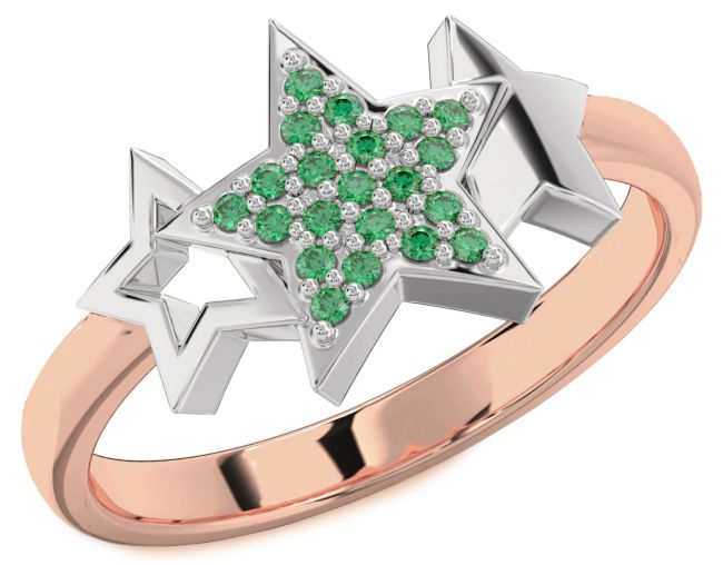 Emerald Rose Gold Silver Star Ring