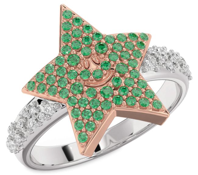 Diamond Emerald Rose Gold Silver Star Ring