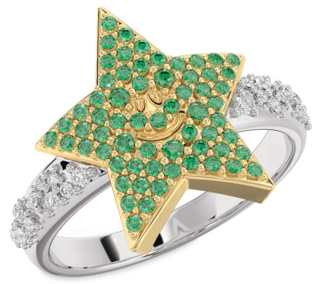 Diamond Emerald Platinum & Yellow Gold Star Ring