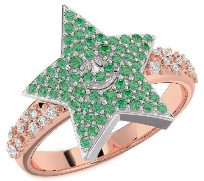 Diamond Emerald Rose Gold Silver Star Ring