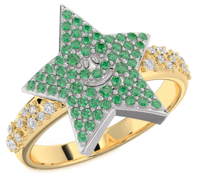 Diamond Emerald White Yellow Gold Star Ring
