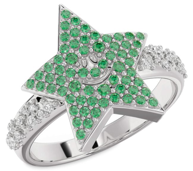 Diamond Emerald Platinum Star Ring