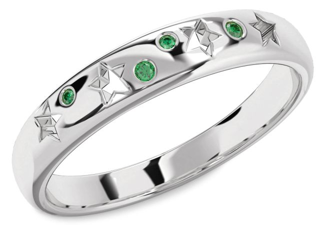 Emerald Silver Star Wedding Band Ring