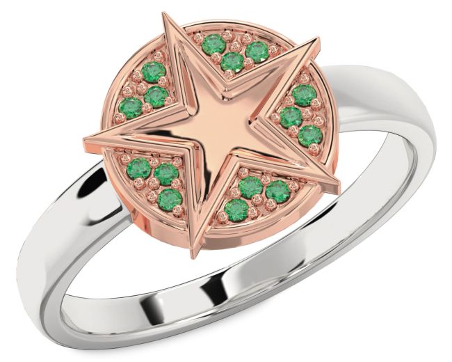 Emerald Platinum & Rose Gold Star Ring