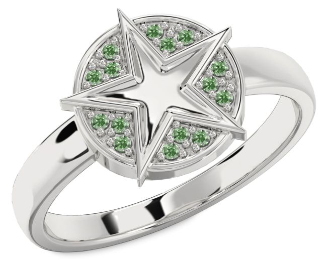 Green Diamond Silver Star Ring