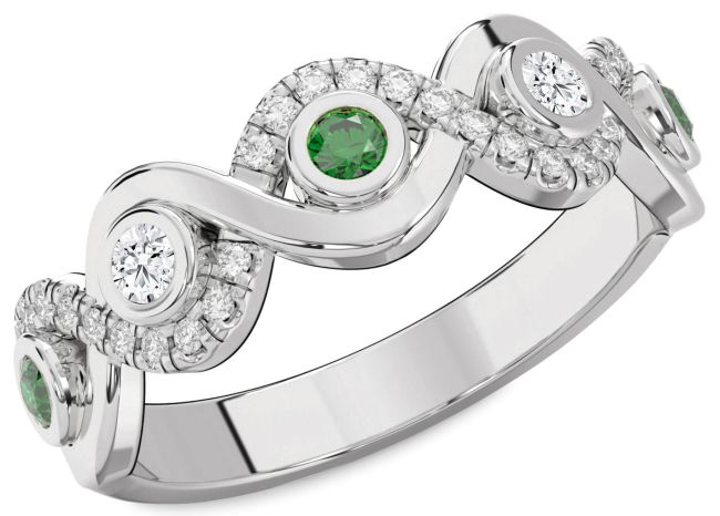 Diamond Emerald Silver Infinity Round Pave Engagement Ring