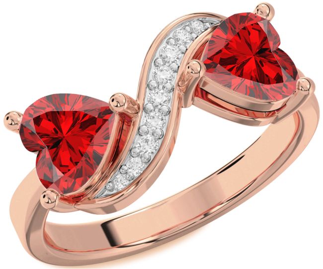 Diamond Ruby Rose Gold Silver Two Heart Birthstone Ring