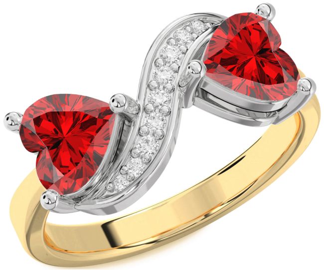 Diamond Ruby Gold Silver Two Heart Birthstone Ring