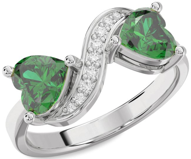 Diamond Emerald Silver Two Heart Birthstone Ring