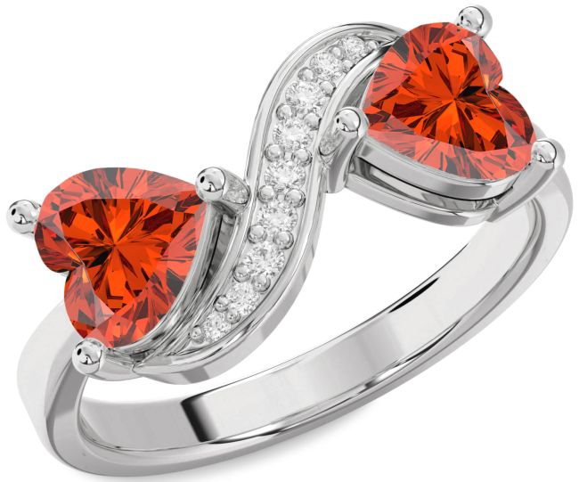 Diamond Fire Opal Silver Two Heart Ring