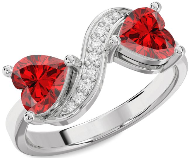 Diamond Ruby Silver Two Heart Birthstone Ring