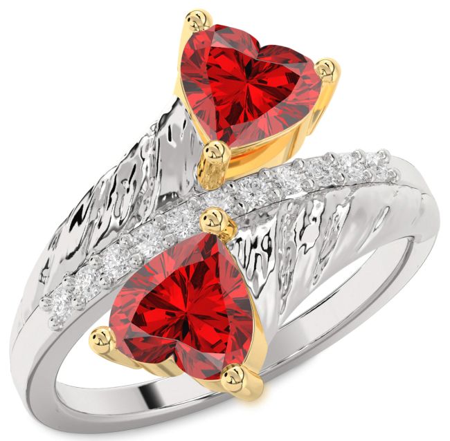 Diamond Ruby Gold Silver Two Heart Birthstone Ring