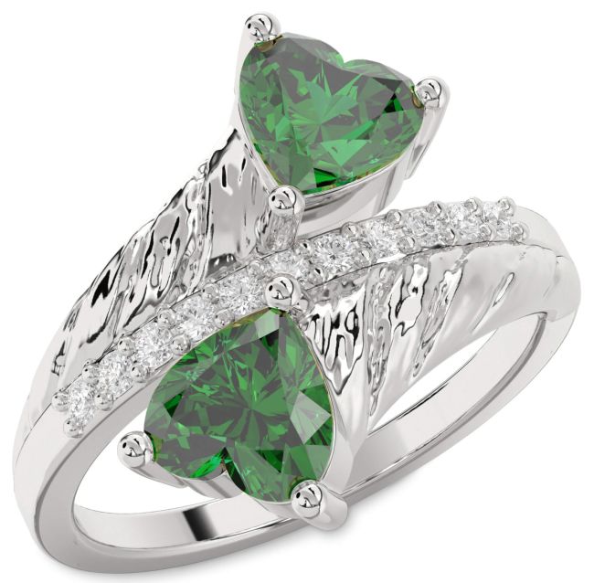 Diamond Emerald Silver Two Heart Birthstone Ring