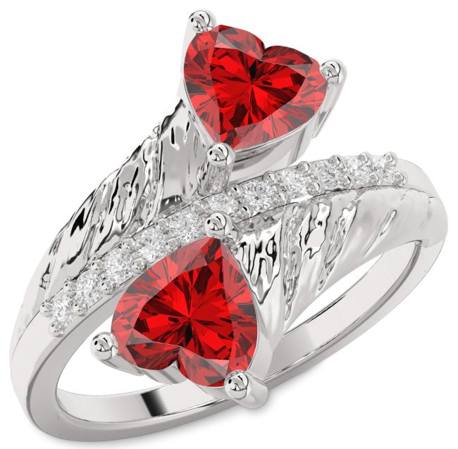 Diamond Ruby White Gold Two Heart Birthstone Ring
