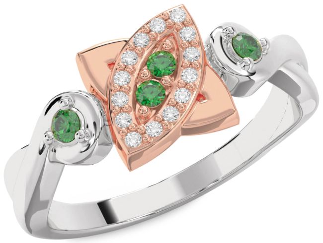 Emerald Silver & 10K Rose Gold Evil Eye Knot Round Ring
