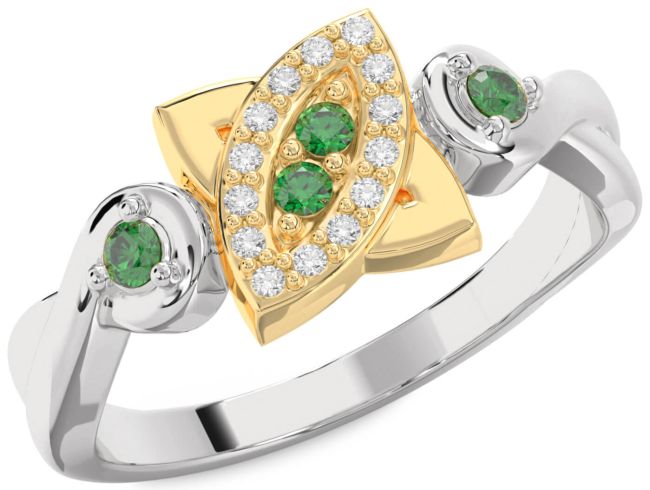 Emerald White Yellow Gold Evil Eye Knot Round Ring