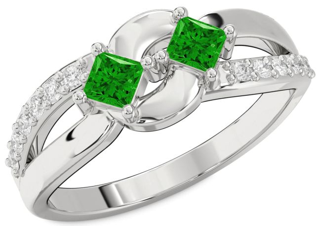 Diamond Emerald Silver Princess Two Stone Birthstone Ring