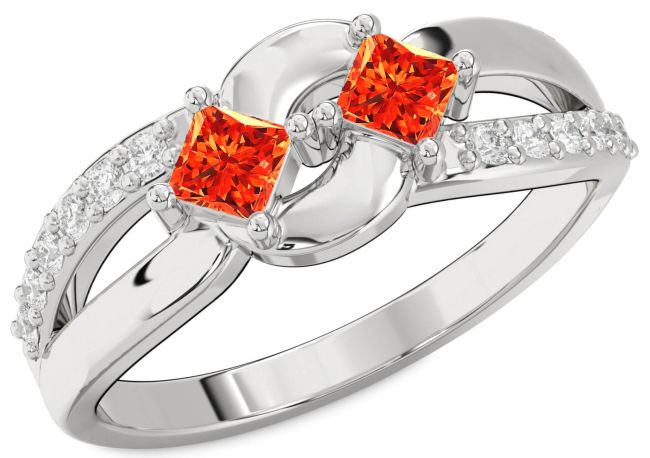 Diamond Fire Opal Silver Princess Two Stone Ring