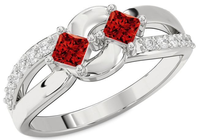 Diamond Ruby Silver Princess Two Stone Birthstone Ring