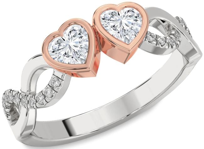 Diamond Rose Gold Silver Infinity Two Heart Ring