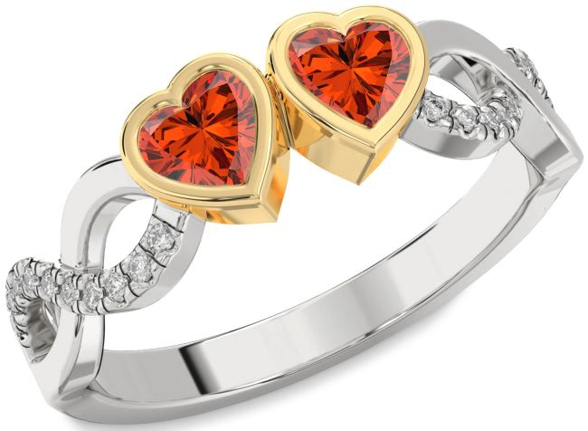 Diamond Fire Opal Gold Silver Infinity Two Heart Ring