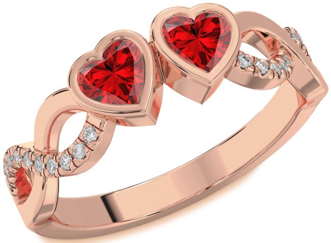 Diamond Ruby Rose Gold Infinity Two Heart Birthstone Ring