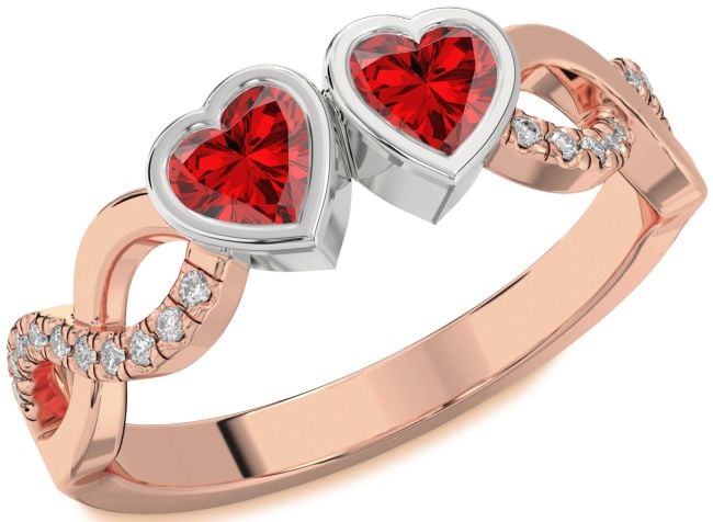 Diamond Ruby Rose Gold Silver Infinity Two Heart Birthstone Ring