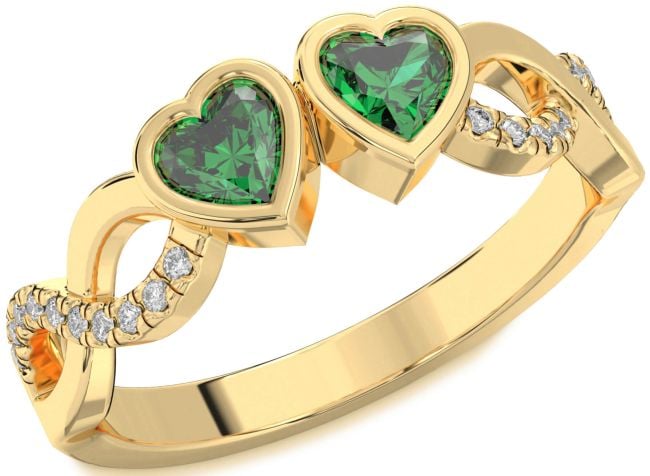 Diamond Emerald Gold Silver Infinity Two Heart Birthstone Ring