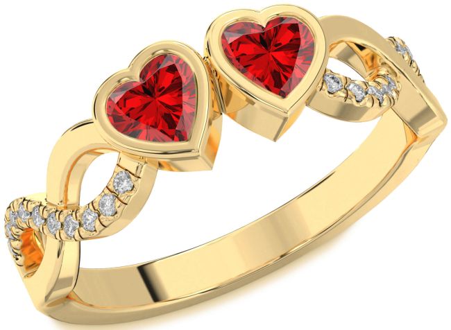 Diamond Ruby Gold Infinity Two Heart Birthstone Ring