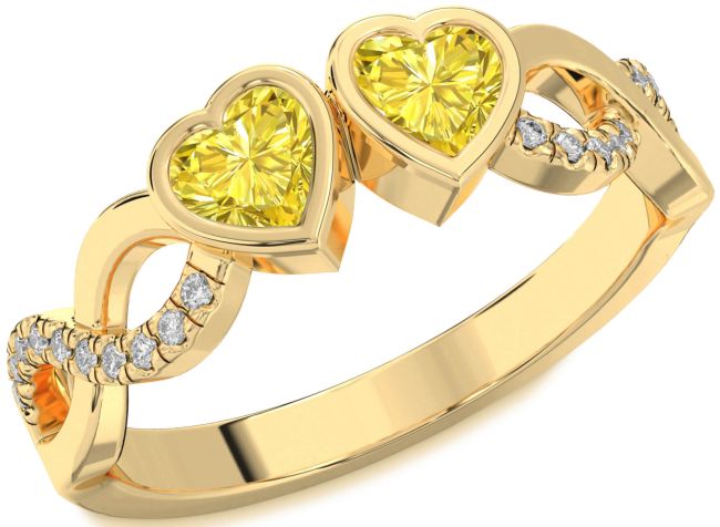 Yellow Diamond Gold Silver Infinity Two Heart Ring
