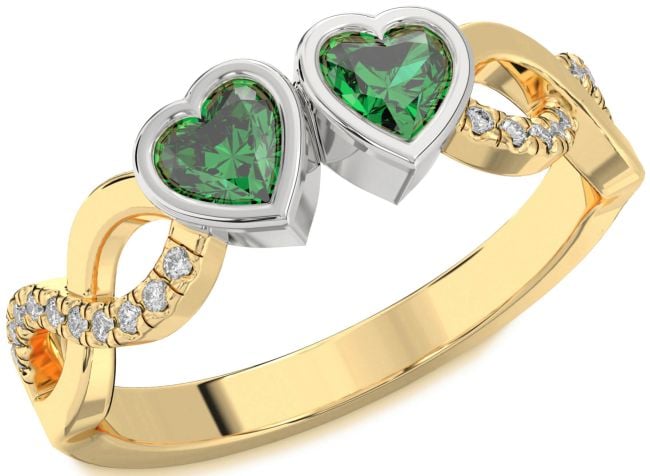 Diamond Emerald Gold Silver Infinity Two Heart Birthstone Ring