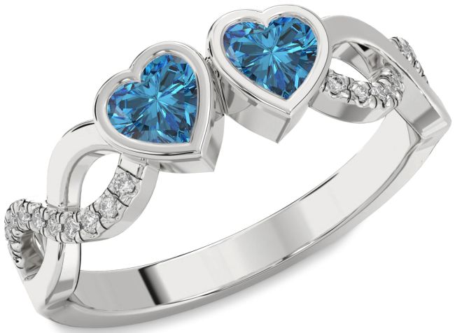 Blue Diamond Silver Infinity Two Heart Ring