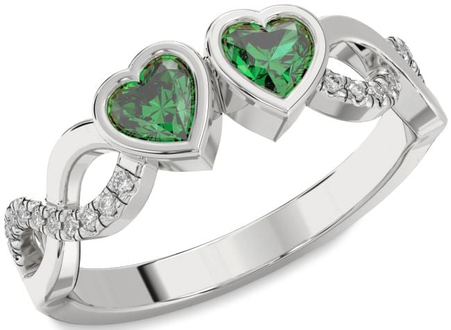 Diamond Emerald White Gold Infinity Two Heart Birthstone Ring
