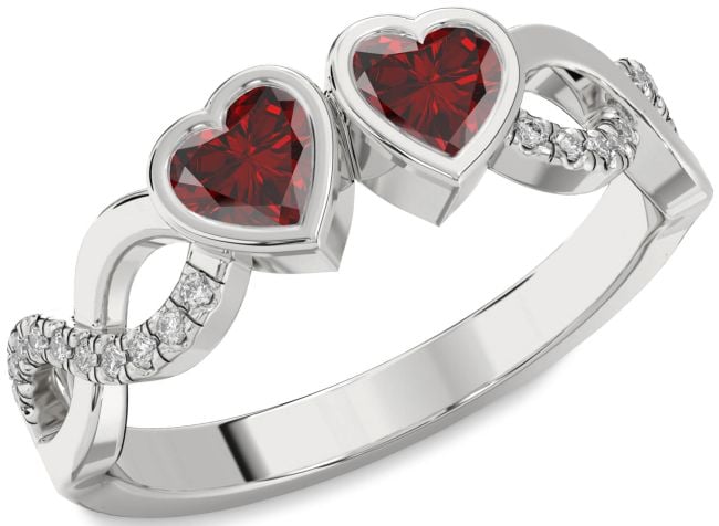 Diamond Garnet Silver Infinity Two Heart Birthstone Ring