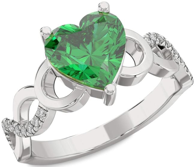Diamond Emerald Platinum Heart Infinity Solitaire Pave Engagement Ring