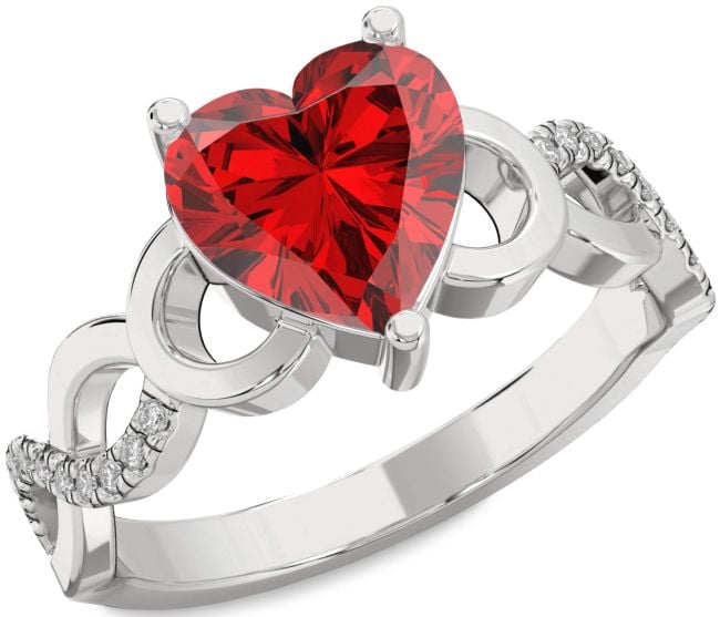 Diamond Ruby Silver Heart Infinity Solitaire Pave Engagement Ring