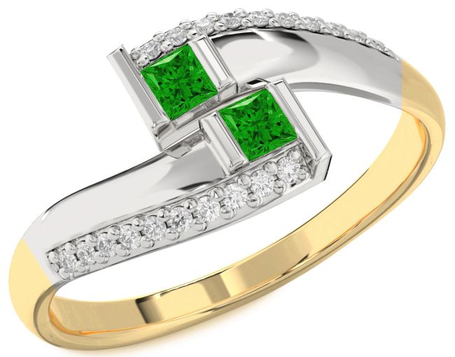 Diamond Emerald Gold Silver Princess Two Stone Birthstone Ring