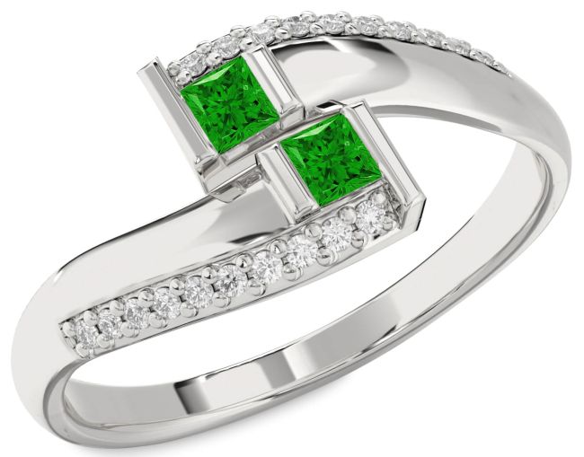 Diamond Emerald Silver Princess Two Stone Birthstone Ring