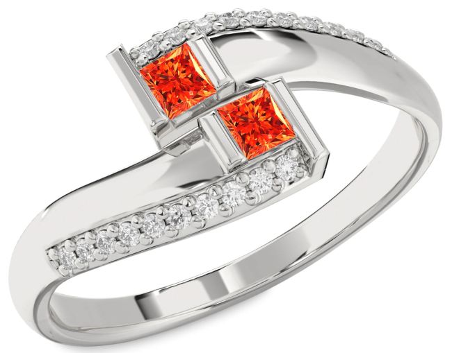 Diamond Fire Opal Silver Princess Two Stone Ring
