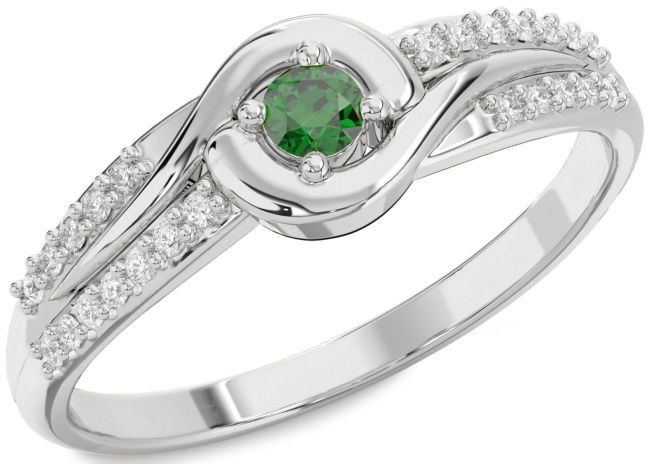Diamond Emerald Silver Round Promise Ring